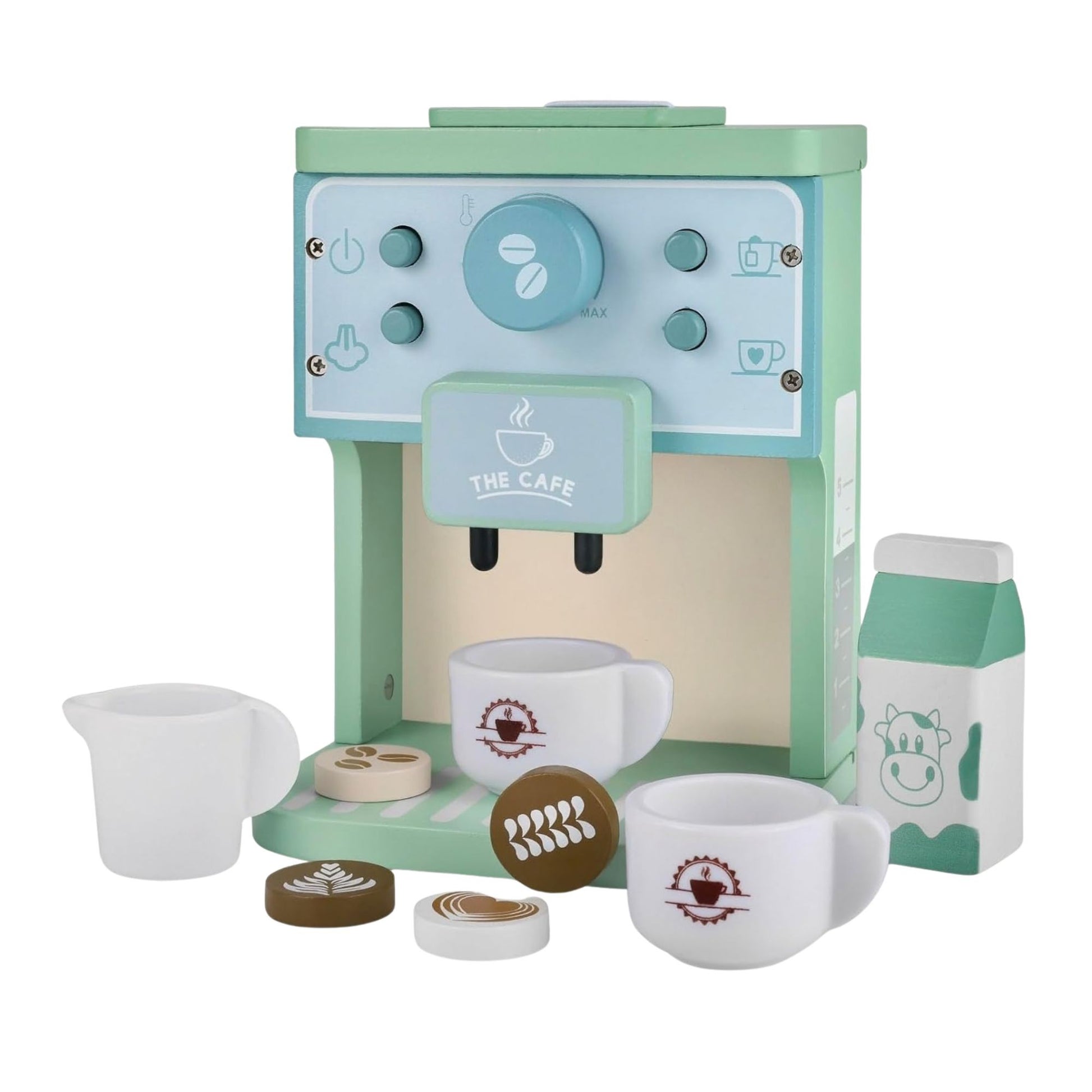 Aparat de Cafea pentru Copii, Espressor Jucarie Educativa, Set Barista cu Butoane Interactive, Lemn, 8 Piese, Verde/Albastru, 15 x 12.2 x 21.5 cm