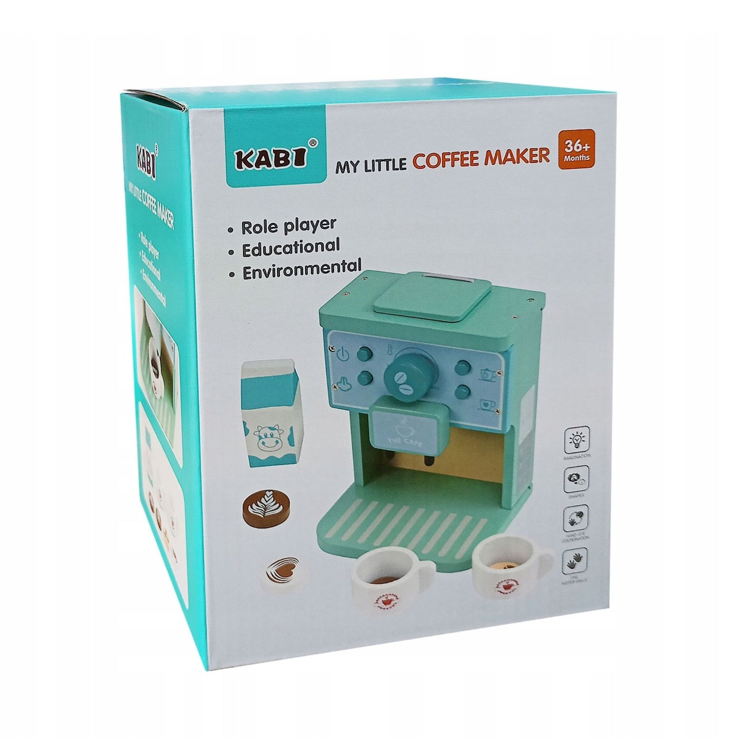 Aparat de Cafea pentru Copii, Espressor Jucarie Educativa, Set Barista cu Butoane Interactive, Lemn, 8 Piese, Verde/Albastru, 15 x 12.2 x 21.5 cm