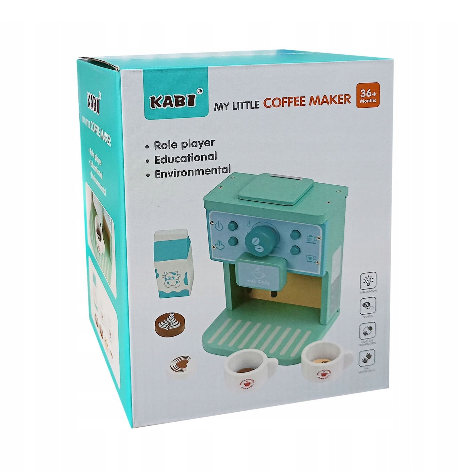 Aparat de Cafea pentru Copii, Espressor Jucarie Educativa, Set Barista cu Butoane Interactive, Lemn, 8 Piese, Verde/Albastru, 15 x 12.2 x 21.5 cm