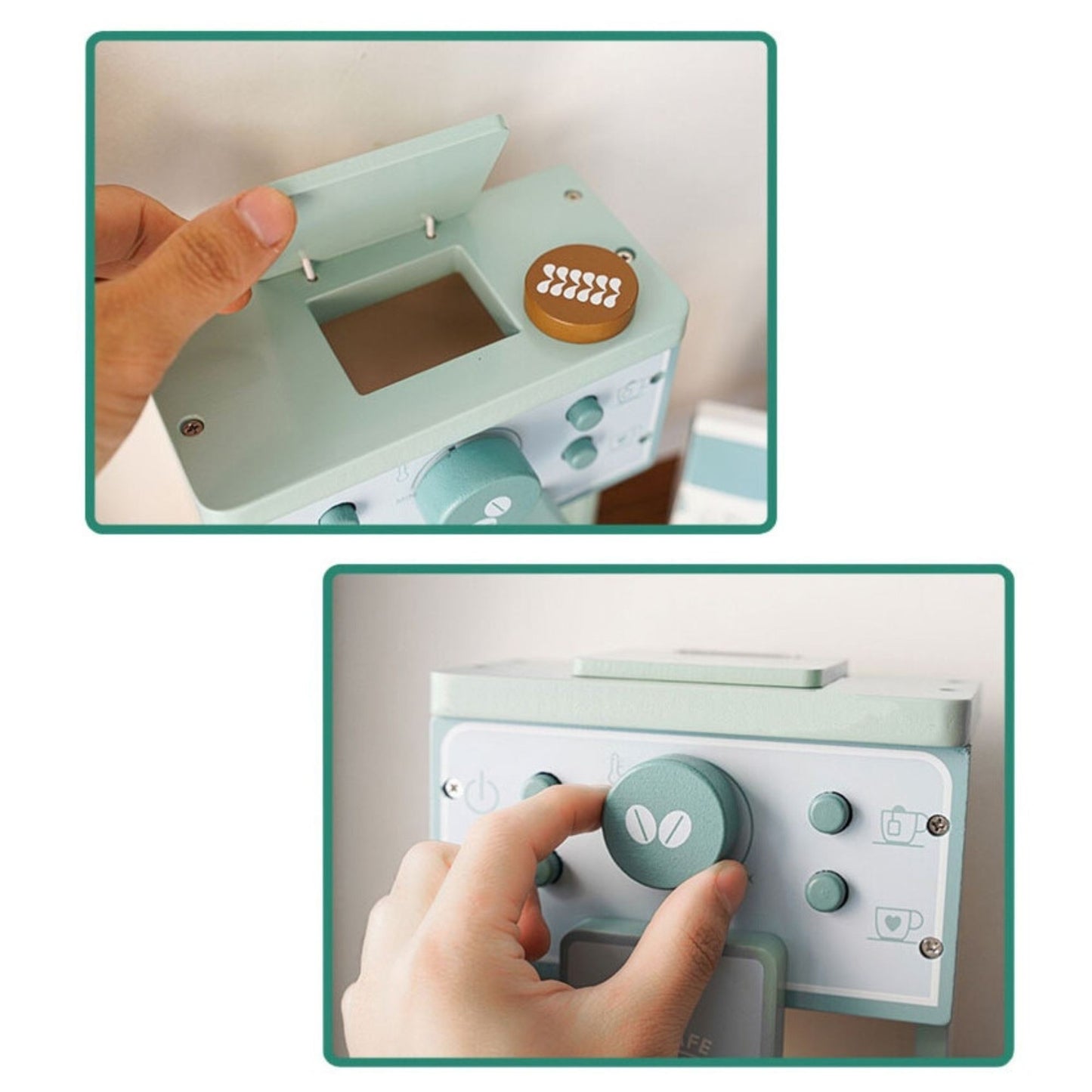 Aparat de Cafea pentru Copii, Espressor Jucarie Educativa, Set Barista cu Butoane Interactive, Lemn, 8 Piese, Verde/Albastru, 15 x 12.2 x 21.5 cm