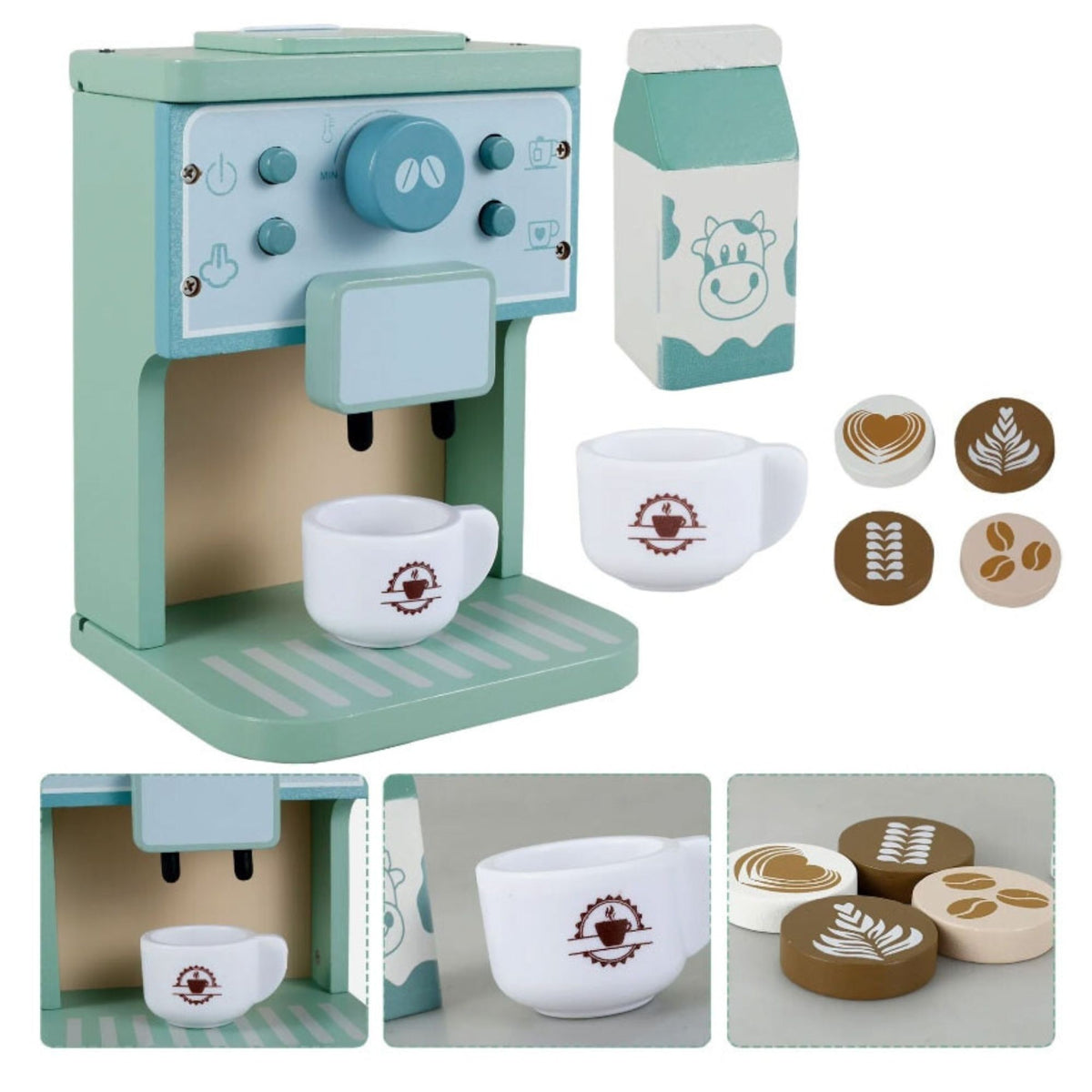 Aparat de Cafea pentru Copii, Espressor Jucarie Educativa, Set Barista cu Butoane Interactive, Lemn, 8 Piese, Verde/Albastru, 15 x 12.2 x 21.5 cm