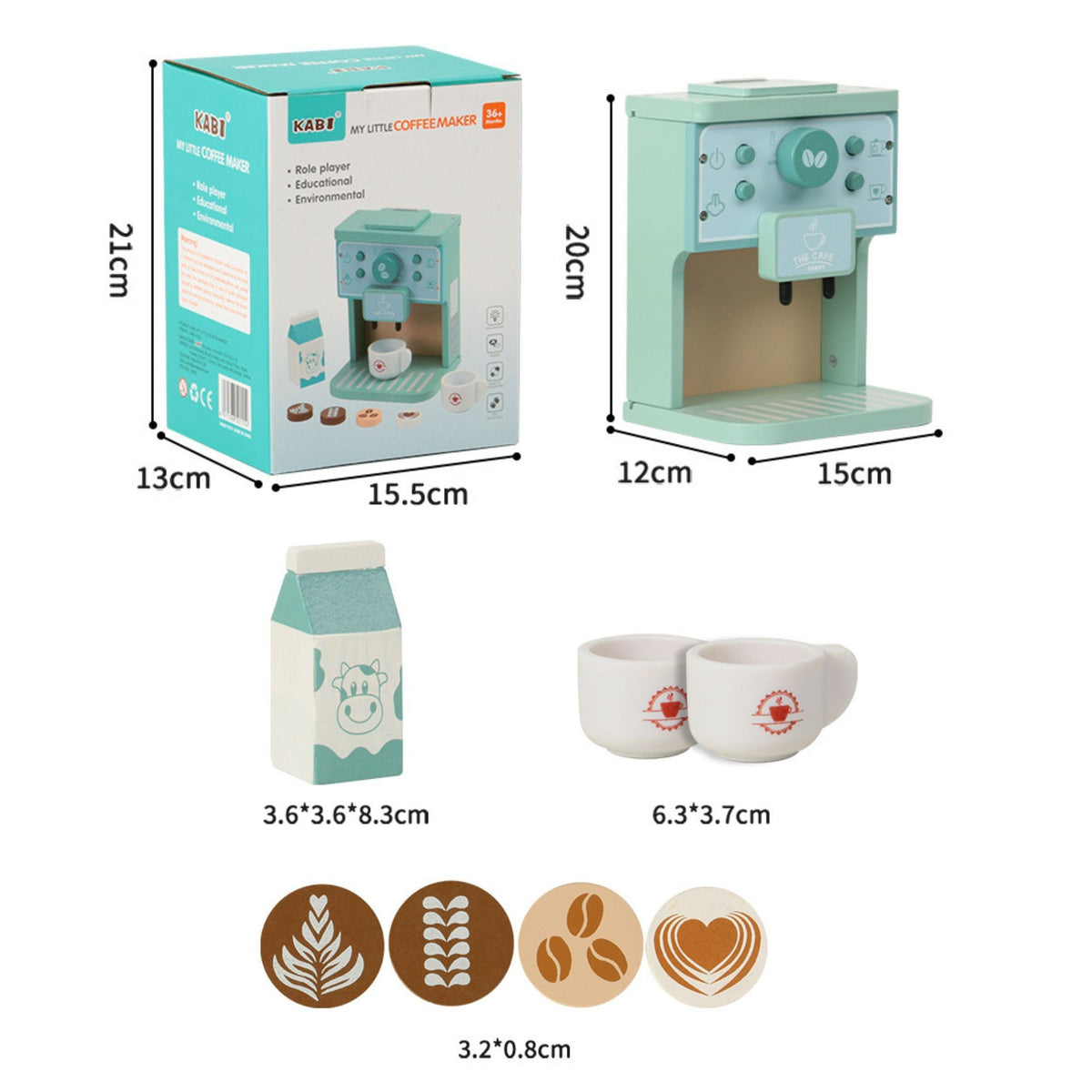 Aparat de Cafea pentru Copii, Espressor Jucarie Educativa, Set Barista cu Butoane Interactive, Lemn, 8 Piese, Verde/Albastru, 15 x 12.2 x 21.5 cm