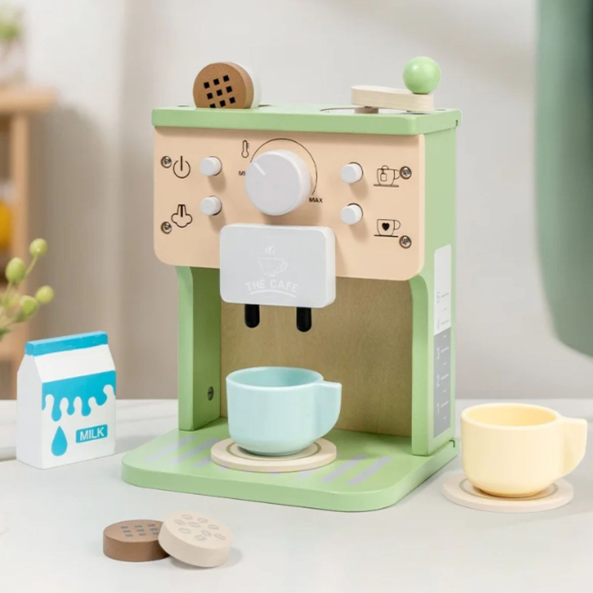 Aparat de Cafea pentru Copii, Espressor Jucarie Educativa din Lemn, Set Barista Interactiv cu 10 Piese si Accesorii, 15 x 12.2 x 21.5 cm, Verde/Bej