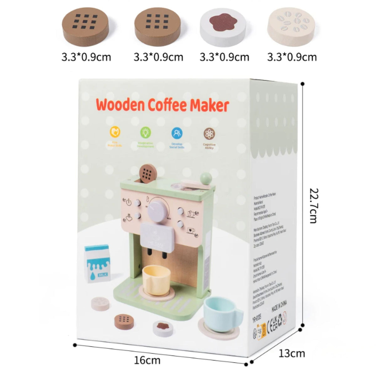 Aparat de Cafea pentru Copii, Espressor Jucarie Educativa din Lemn, Set Barista Interactiv cu 10 Piese si Accesorii, 15 x 12.2 x 21.5 cm, Verde/Bej