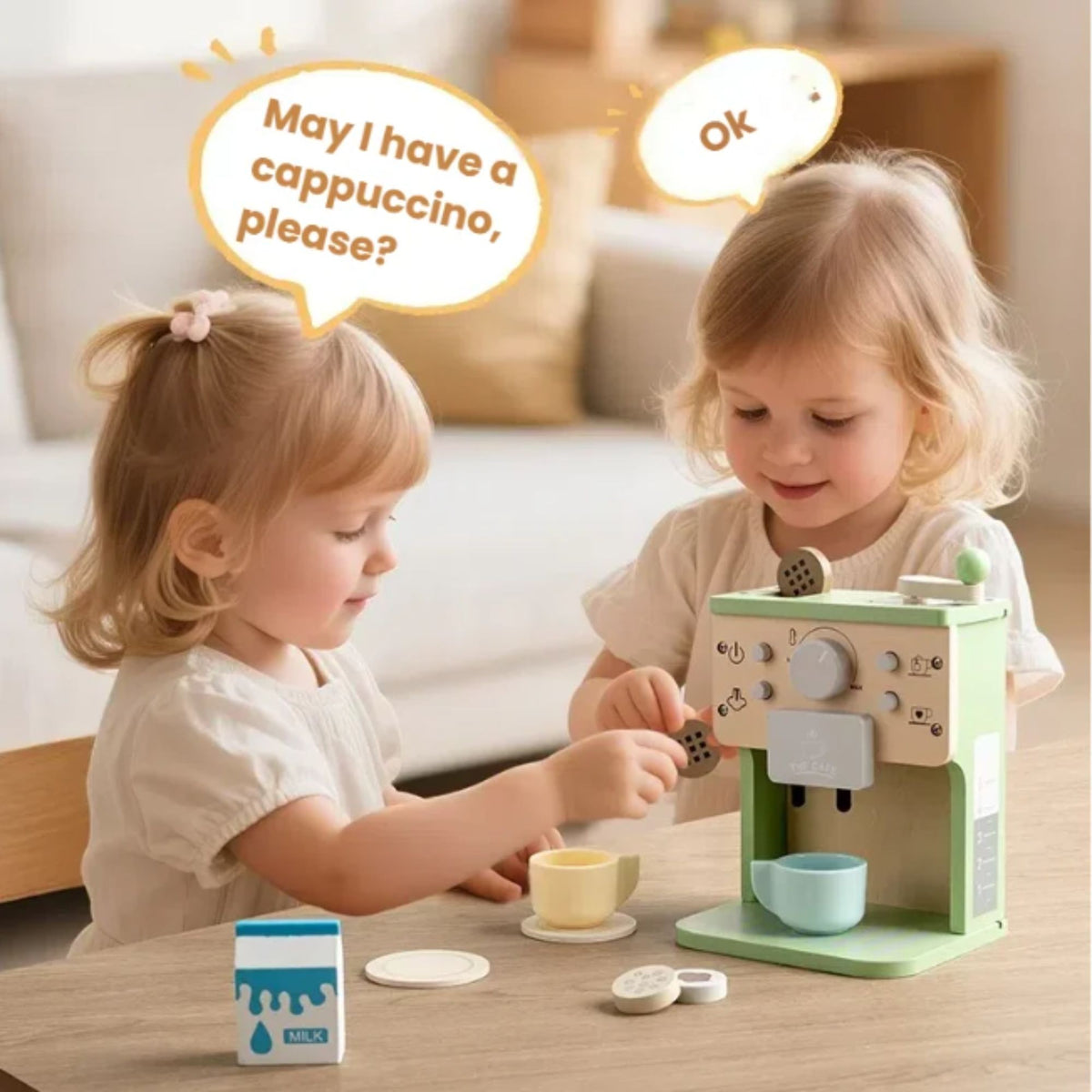 Aparat de Cafea pentru Copii, Espressor Jucarie Educativa din Lemn, Set Barista Interactiv cu 10 Piese si Accesorii, 15 x 12.2 x 21.5 cm, Verde/Bej