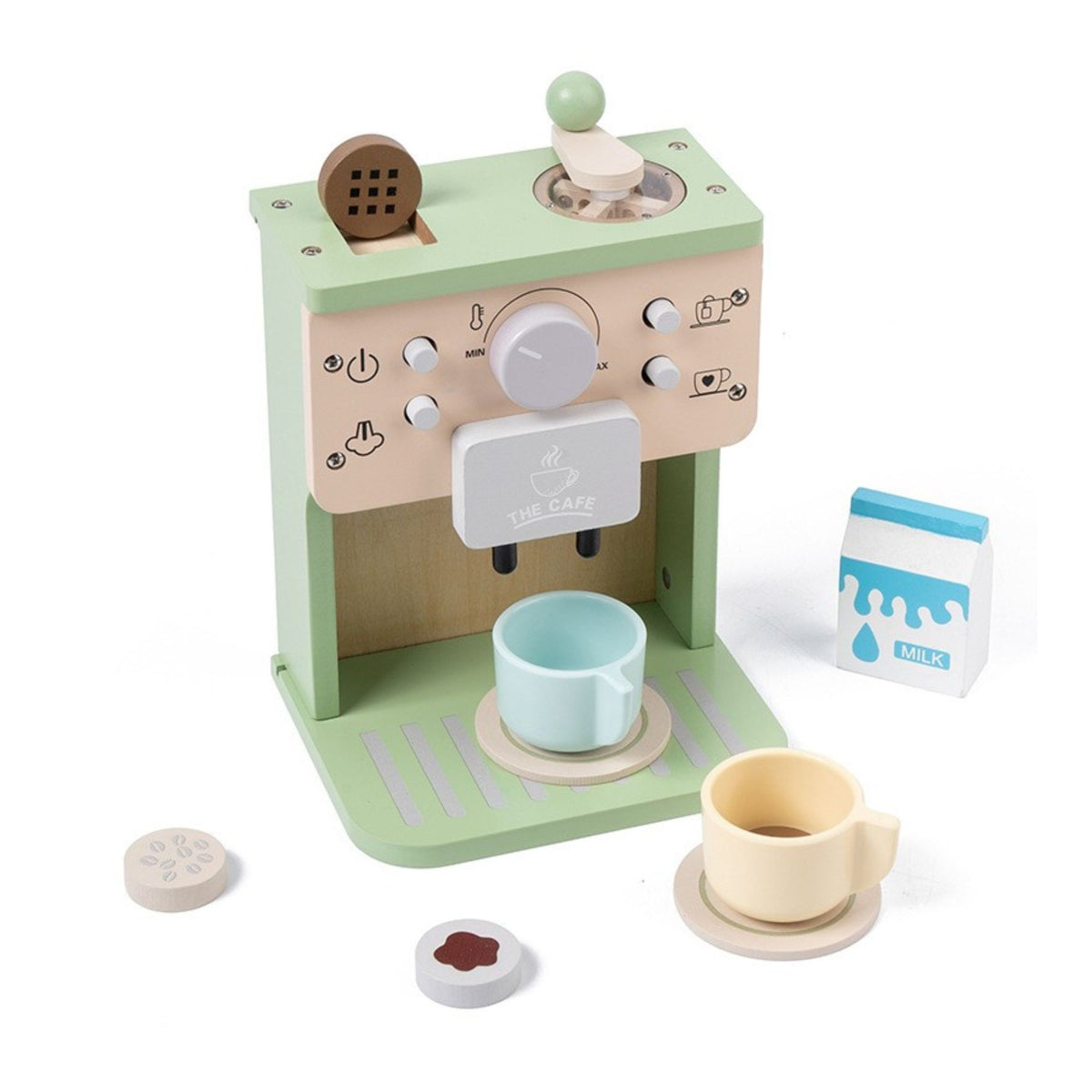 Aparat de Cafea pentru Copii, Espressor Jucarie Educativa din Lemn, Set Barista Interactiv cu 10 Piese si Accesorii, 15 x 12.2 x 21.5 cm, Verde/Bej