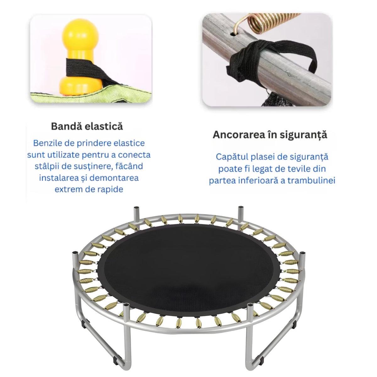 Trambulina pentru Copii si Gradina, Plasa de Siguranta cu Fermoar, Utilizare Interior si Exterior, Cadru Metalic, Sarcina Maxima 150 kg, 140 x 116 cm, Galben/Albastru