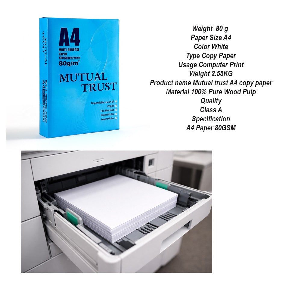 Mutual Trust Hartie Copiator A4, Hartie Multifunctionala pentru Imprimanta Laser si Inkjet, Calitate Clasa A, Alb, 80 g/mp, 500 Coli/Top
