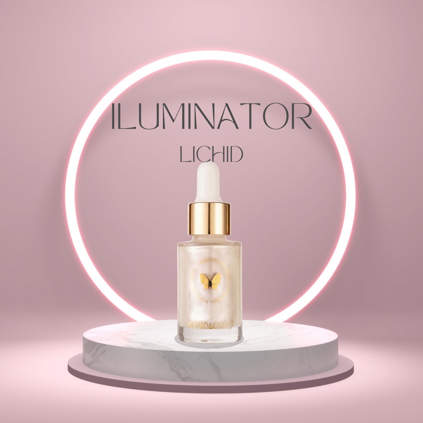 Kevin&Coco, Iluminator Lichid pentru Ten, Efect de Stralucire Bronz si Aspect Radiant, Formula Fluida Instant Anti Age, Model Luminizer, Nuanta Champagne, 3.5 x 3.5 x 8.5 cm