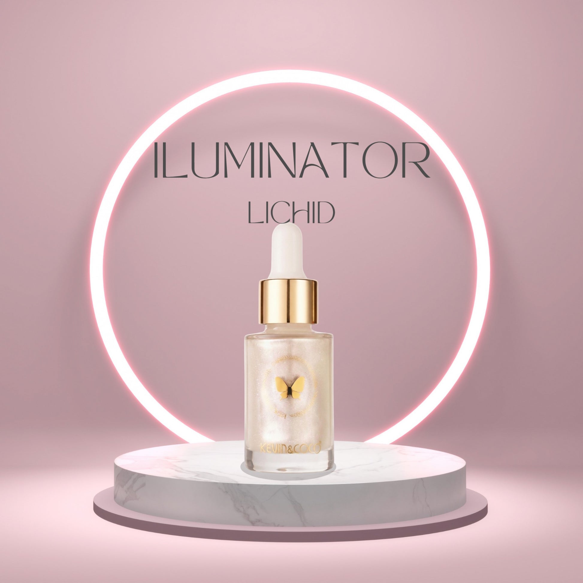 Kevin&Coco, Iluminator Lichid pentru Ten, Efect de Stralucire Bronz si Aspect Radiant, Formula Fluida Instant Anti Age, Model Luminizer, Nuanta Champagne, 3.5 x 3.5 x 8.5 cm