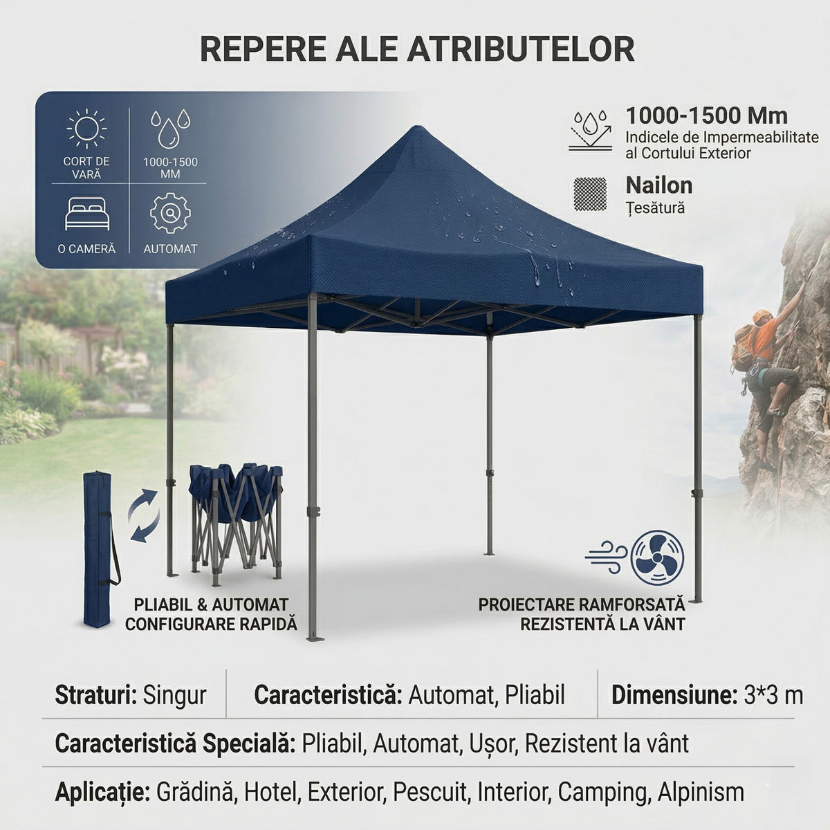 Pavilion Cort Gradina 3x3m, Cadru Metalic Pliabil Ranforsat, Acoperis Impermeabil Polyester Oxford 420D cu Invelis PVC 280g/mp, Albastru