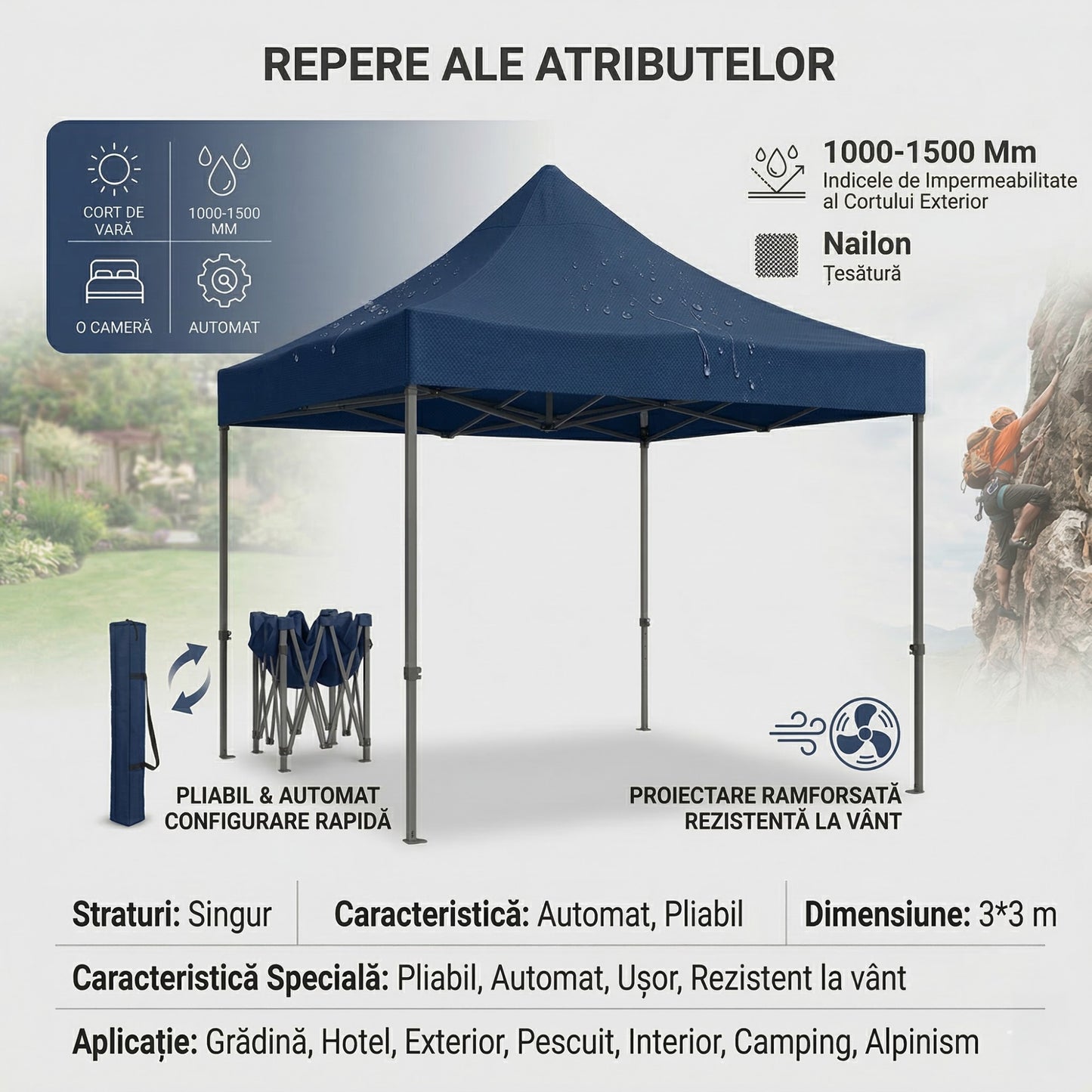 Pavilion Cort Gradina 3x3m, Cadru Metalic Pliabil Ranforsat, Acoperis Impermeabil Polyester Oxford 420D cu Invelis PVC 280g/mp, Albastru