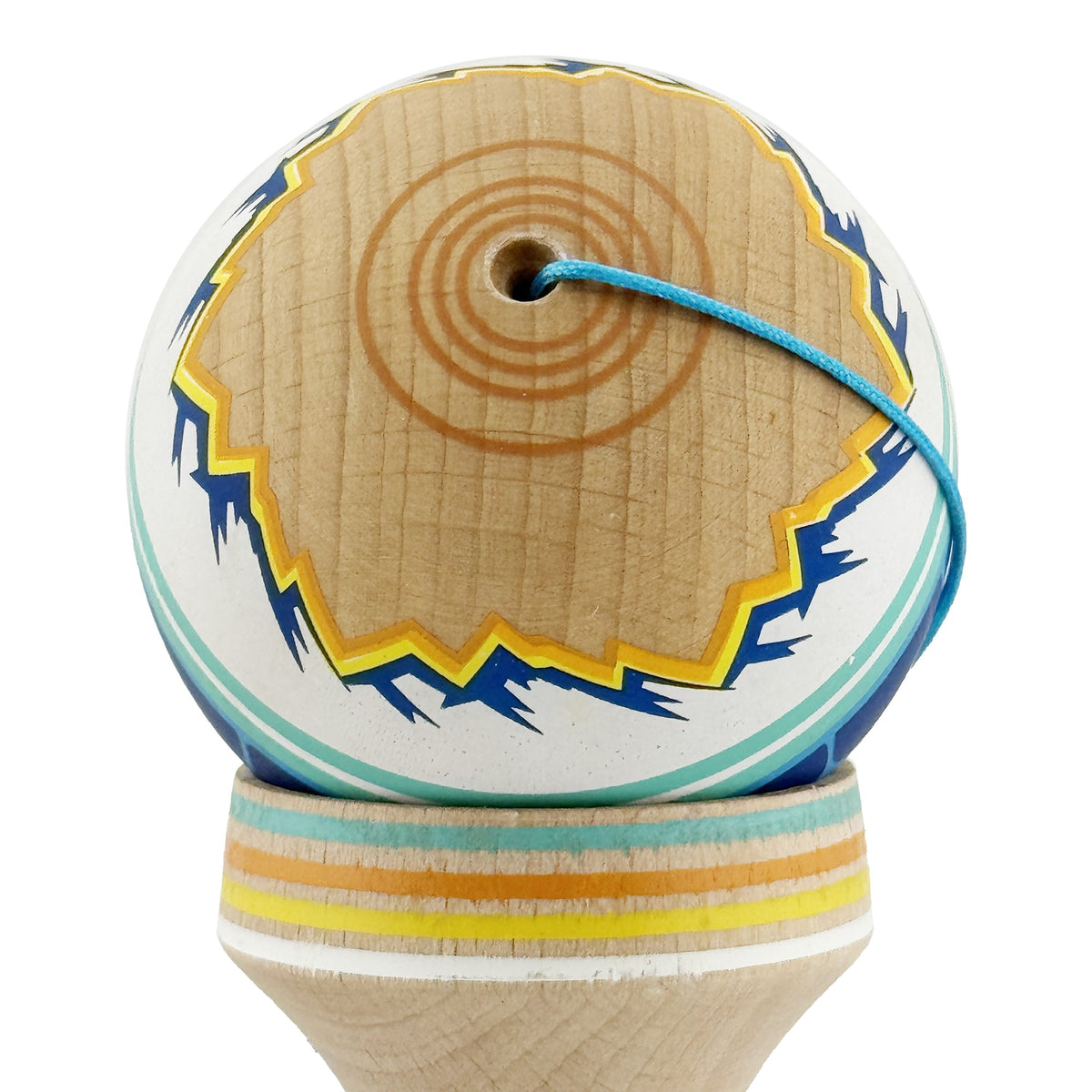 Kendama X Mountains Originala, Model V3 Albastru Multicolor, Profesionala, Cupe Mari King Size, Anti Skid, Gaura in Baza, Rulment, Ata 62cm