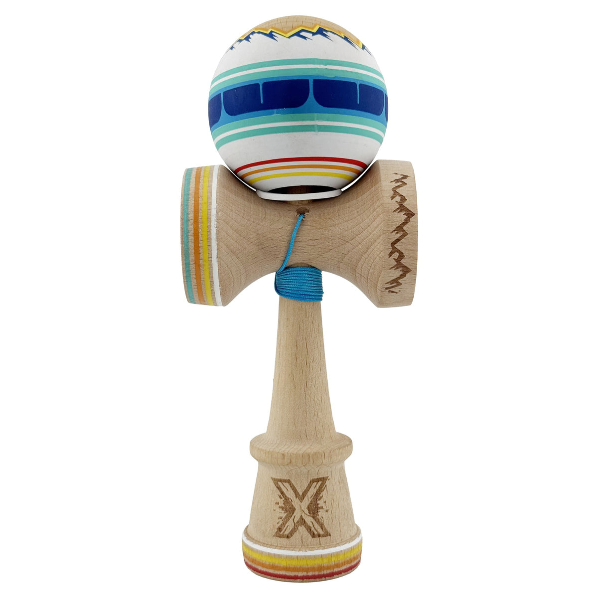 Kendama X Mountains Originala, Model V3 Albastru Multicolor, Profesionala, Cupe Mari King Size, Anti Skid, Gaura in Baza, Rulment, Ata 62cm