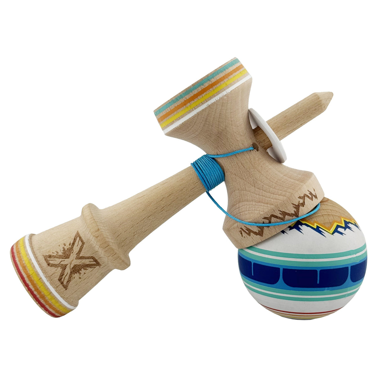 Kendama X Mountains Originala, Model V3 Albastru Multicolor, Profesionala, Cupe Mari King Size, Anti Skid, Gaura in Baza, Rulment, Ata 62cm