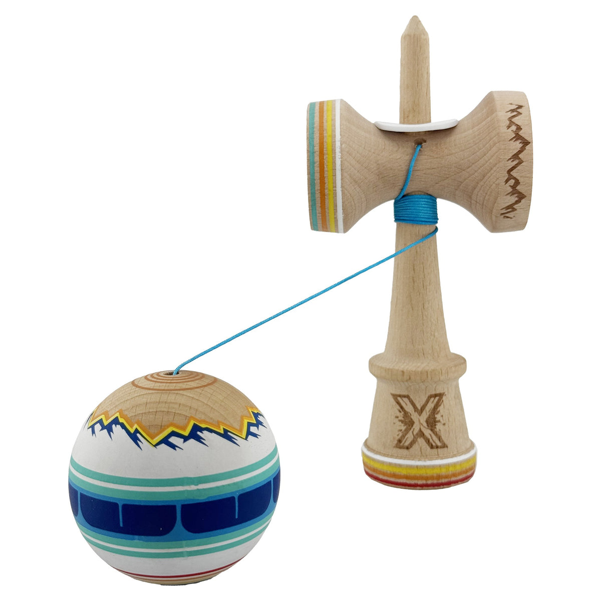 Kendama X Mountains Originala, Model V3 Albastru Multicolor, Profesionala, Cupe Mari King Size, Anti Skid, Gaura in Baza, Rulment, Ata 62cm