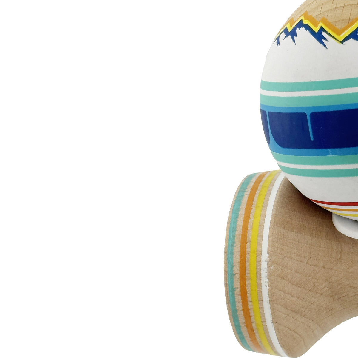 Kendama X Mountains Originala, Model V3 Albastru Multicolor, Profesionala, Cupe Mari King Size, Anti Skid, Gaura in Baza, Rulment, Ata 62cm