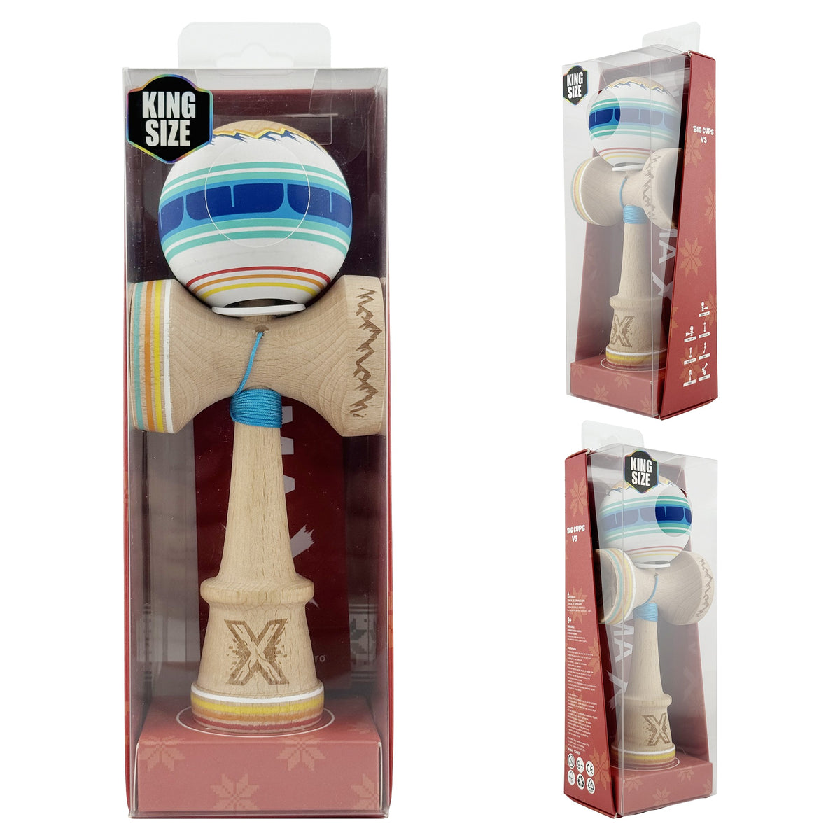 Kendama X Mountains Originala, Model V3 Albastru Multicolor, Profesionala, Cupe Mari King Size, Anti Skid, Gaura in Baza, Rulment, Ata 62cm