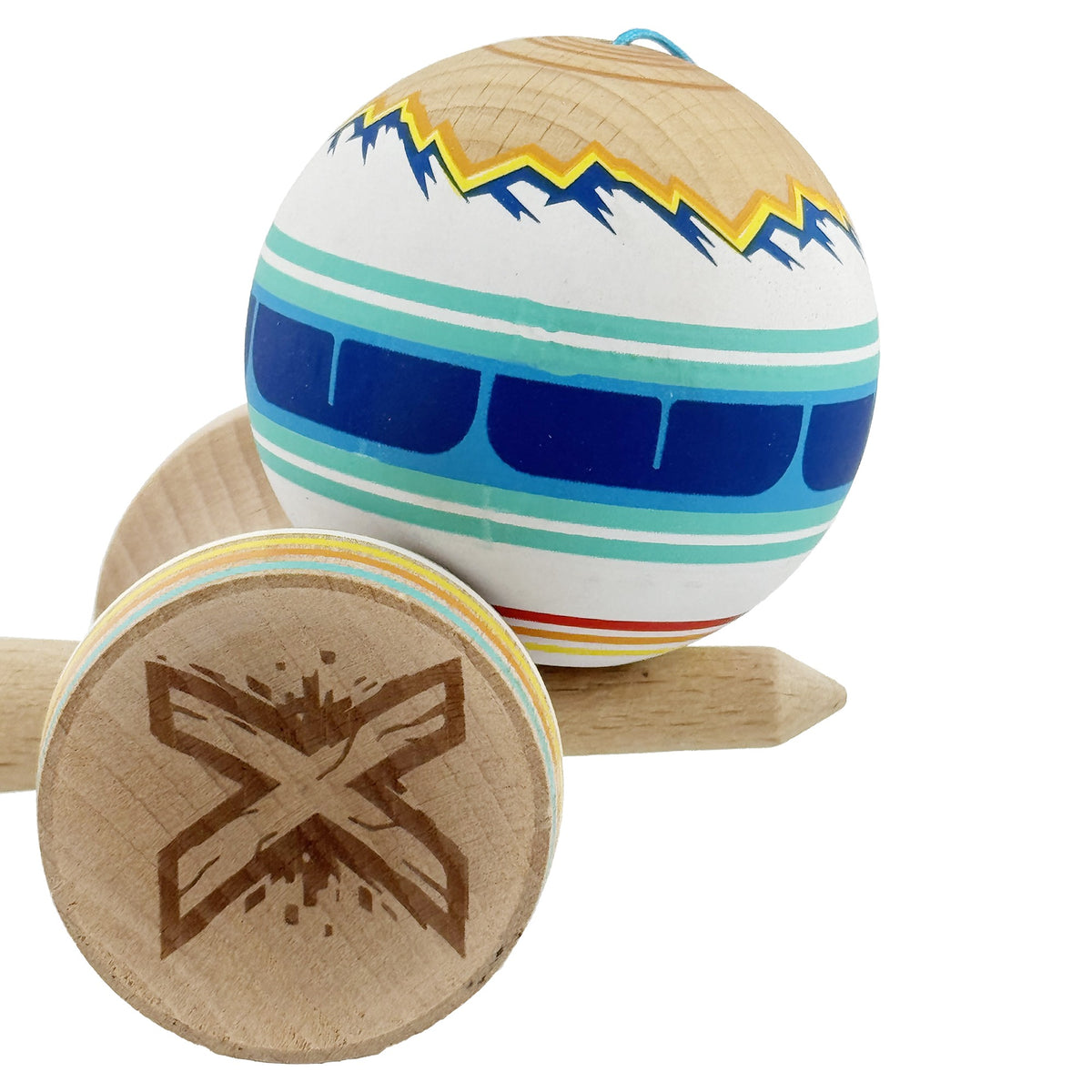Kendama X Mountains Originala, Model V3 Albastru Multicolor, Profesionala, Cupe Mari King Size, Anti Skid, Gaura in Baza, Rulment, Ata 62cm
