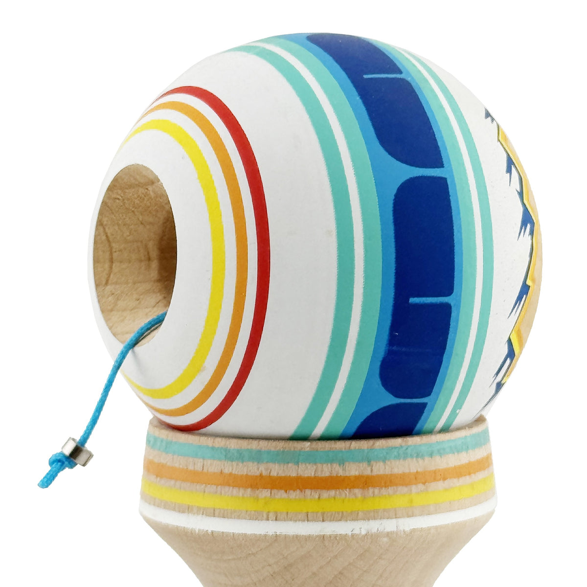 Kendama X Mountains Originala, Model V3 Albastru Multicolor, Profesionala, Cupe Mari King Size, Anti Skid, Gaura in Baza, Rulment, Ata 62cm