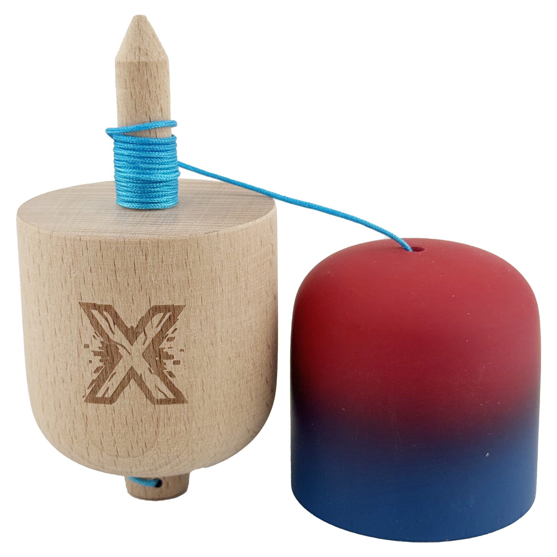 Kendama Pill X Profesionala, Joc de Indemanare Pilula cu Invelis Rubber Grip, Lemn de Calitate, Gradient Rosu/Albastru, 11 x 5 x 5 cm