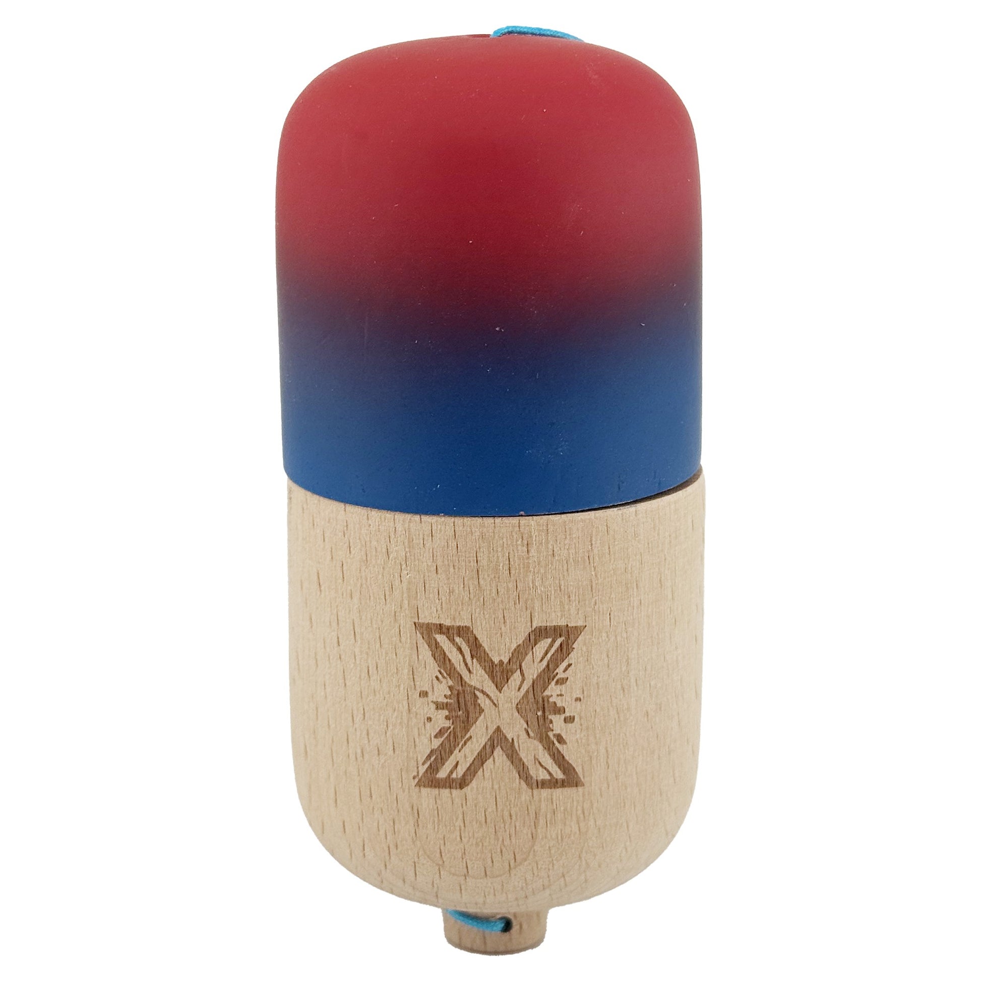 Kendama Pill X Profesionala, Joc de Indemanare Pilula cu Invelis Rubber Grip, Lemn de Calitate, Gradient Rosu/Albastru, 11 x 5 x 5 cm