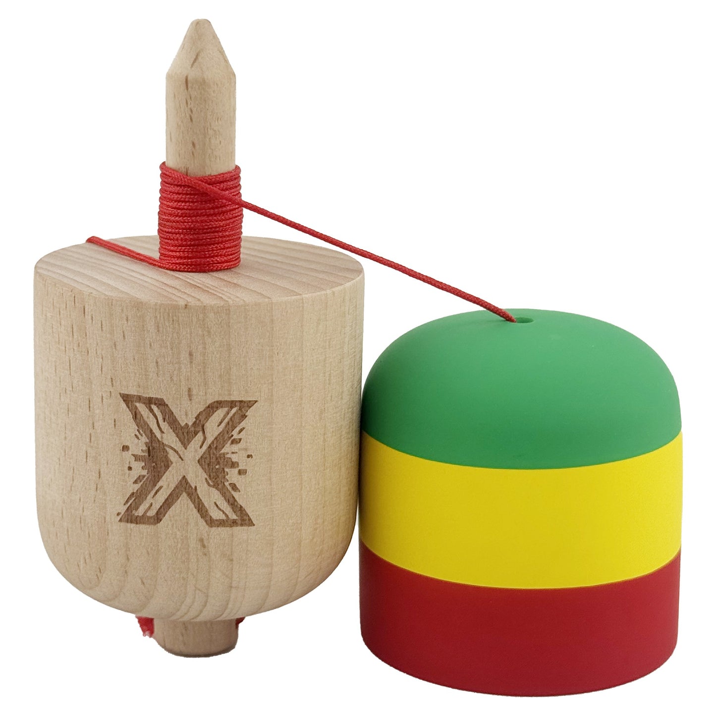 Kendama Pill X Profesionala, Joc de Indemanare Tip Pilula, Finisaj Rubber Grip, Lemn, 11 x 5 cm, Verde/Galben/Rosu