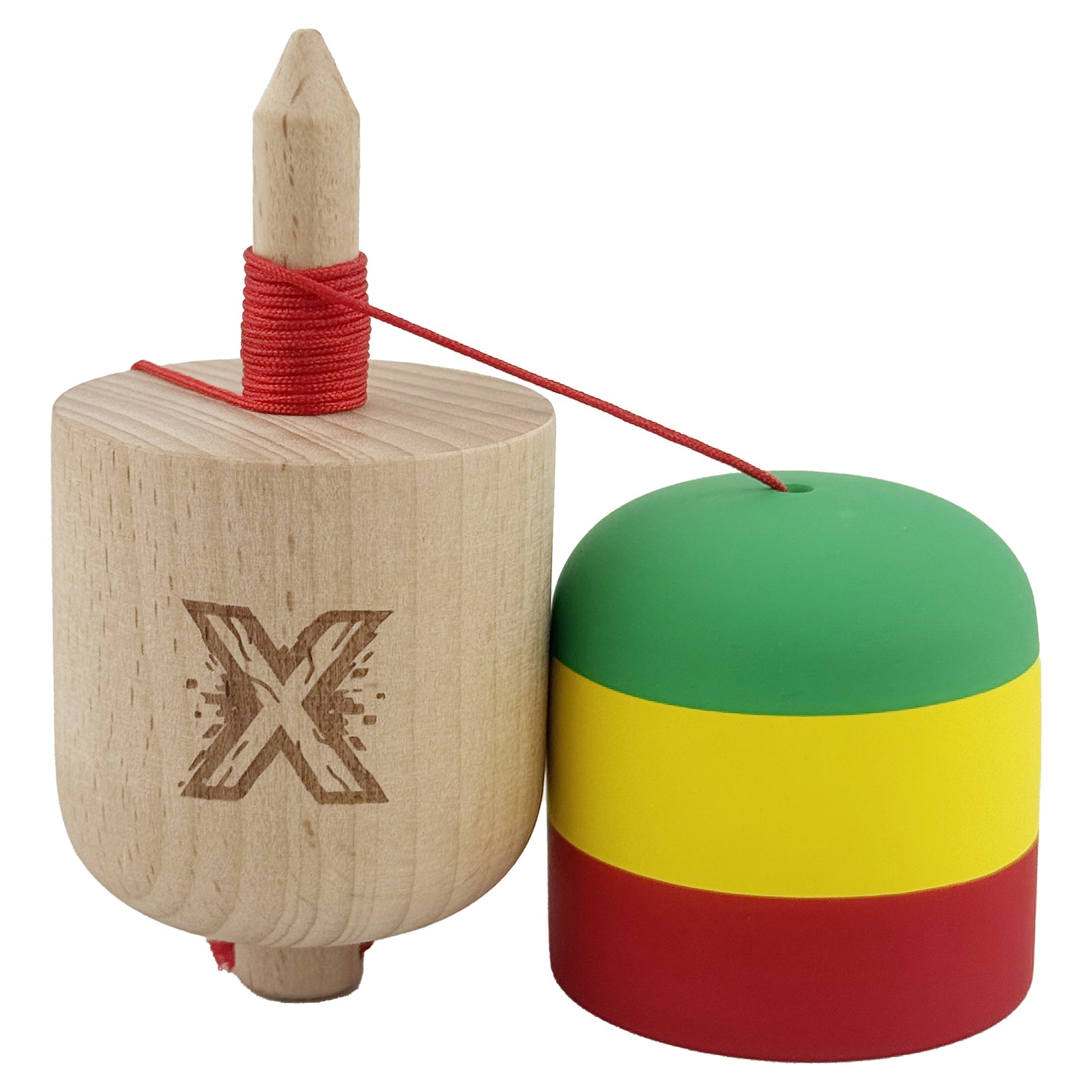 Kendama Pill X Profesionala, Joc de Indemanare Tip Pilula, Finisaj Rubber Grip, Lemn, 11 x 5 cm, Verde/Galben/Rosu