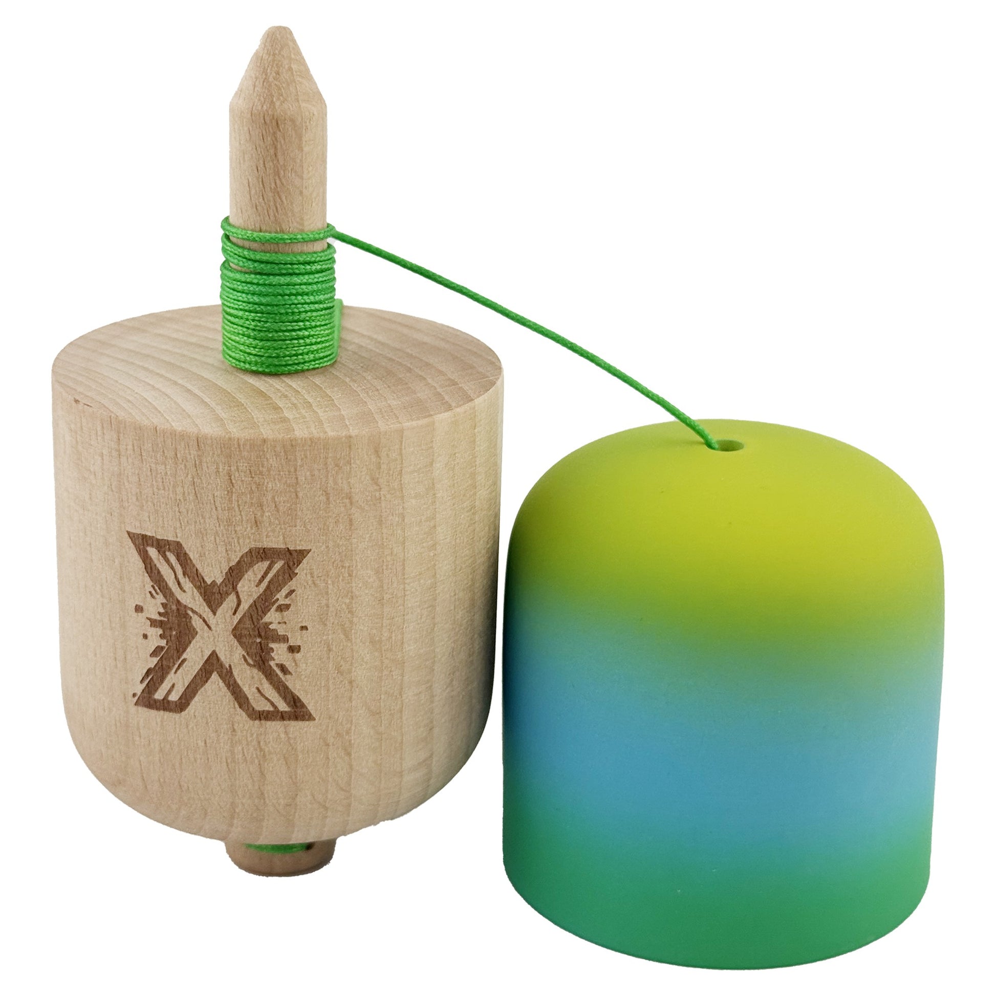 Kendama Pill X Profesionala, Joc de Indemanare Tip Pilula cu Rubber Grip, Lemn Natural, 11 x 5 cm, Gradient Galben Albastru Verde