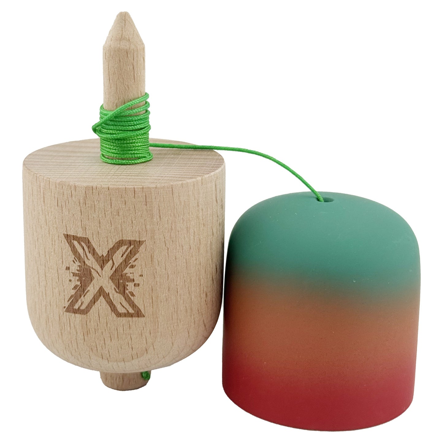 Kendama Pill X Profesionala, Joc de Indemanare Tip Pilula, Invelis Rubber Grip pentru Aderenta, Lemn de Artar, 11 x 5 x 5 cm, Design Gradient Verde-Portocaliu-Rosu