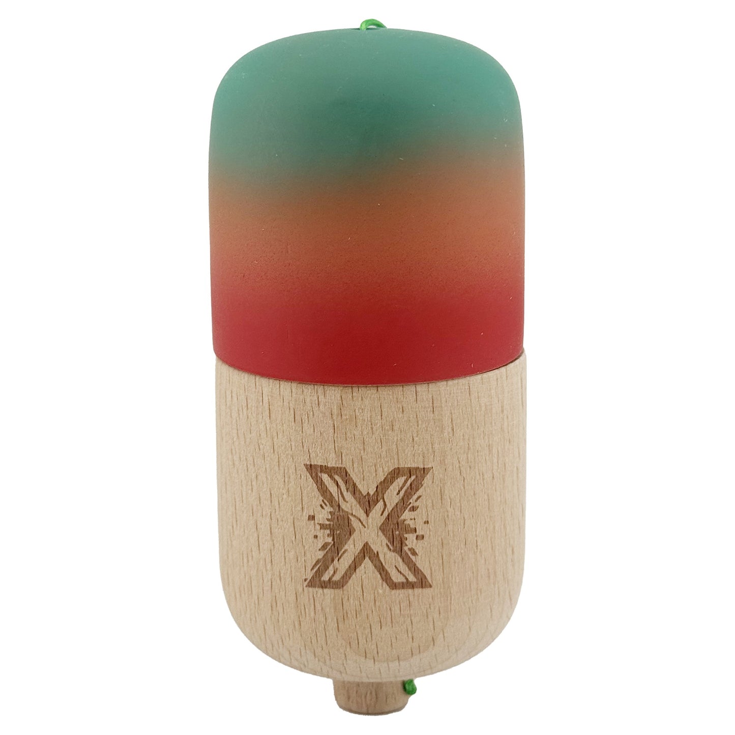 Kendama Pill X Profesionala, Joc de Indemanare Tip Pilula, Invelis Rubber Grip pentru Aderenta, Lemn de Artar, 11 x 5 x 5 cm, Design Gradient Verde-Portocaliu-Rosu