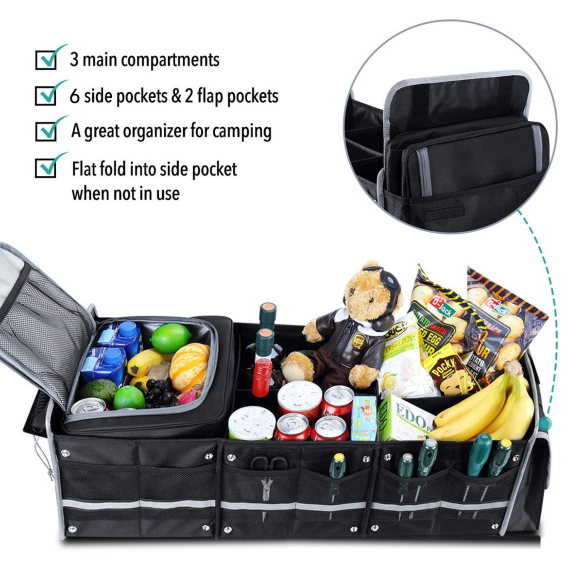 Organizator Auto Portbagaj, Geanta Termoizolanta Detasabila, 3 Compartimente, Model Pliabil, Curele Ajustabile, Panza Rezistenta, 90 x 35 x 30 cm, 94 L, Negru