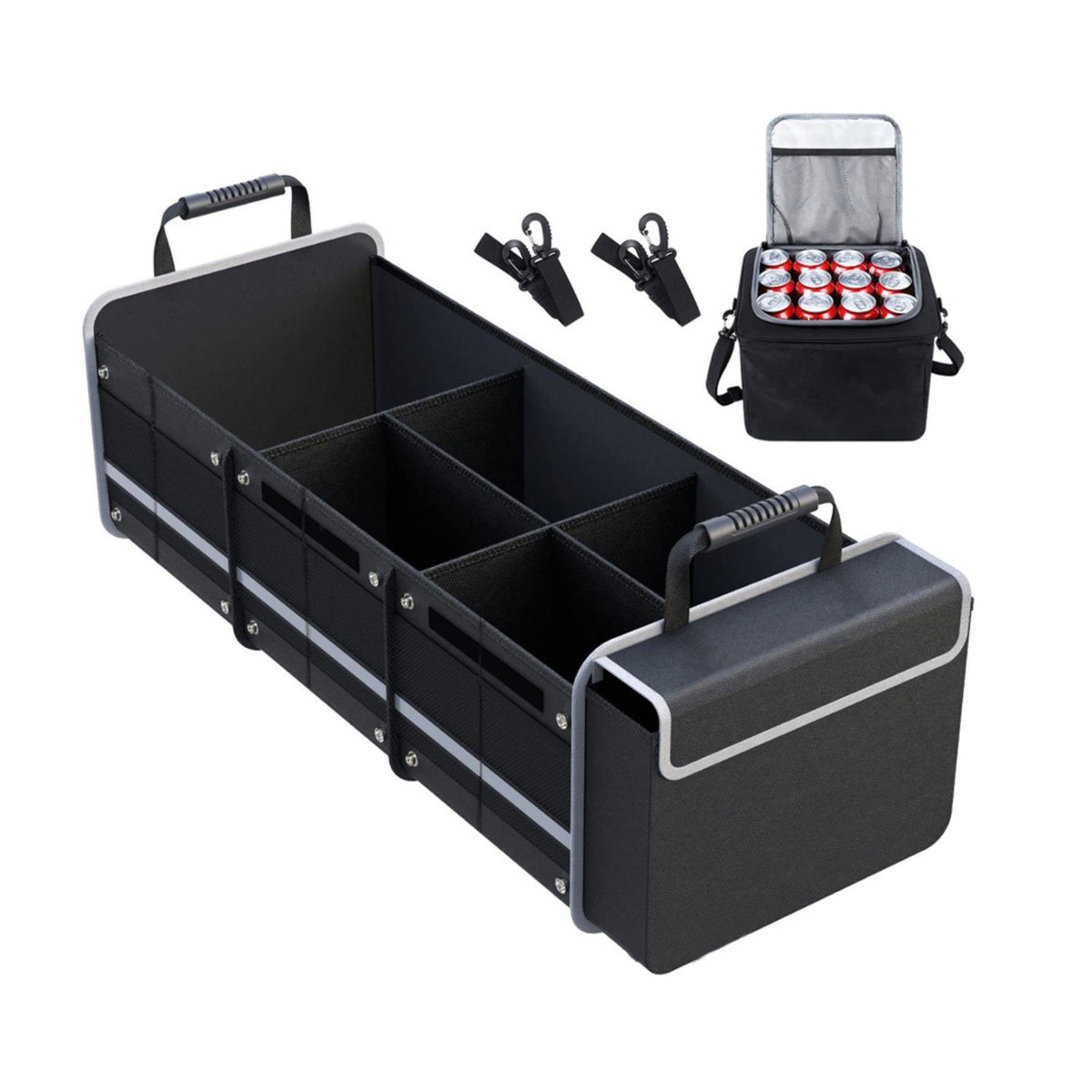 Organizator Auto Portbagaj, Geanta Termoizolanta Detasabila, 3 Compartimente, Model Pliabil, Curele Ajustabile, Panza Rezistenta, 90 x 35 x 30 cm, 94 L, Negru