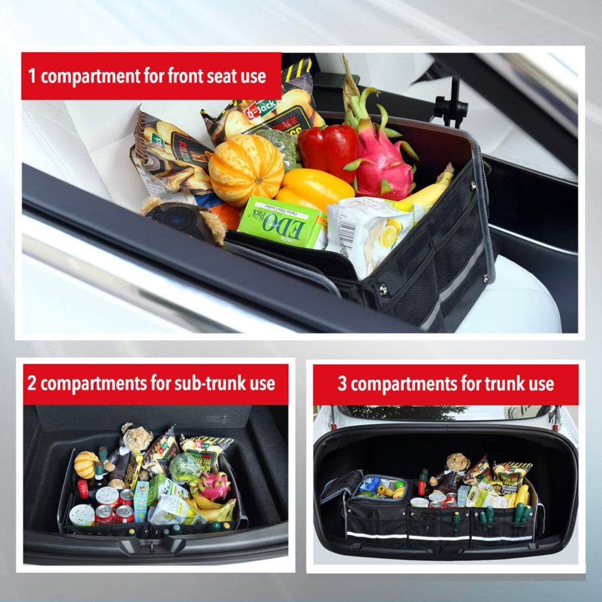 Organizator Auto Portbagaj, Geanta Termoizolanta Detasabila, 3 Compartimente, Model Pliabil, Curele Ajustabile, Panza Rezistenta, 90 x 35 x 30 cm, 94 L, Negru