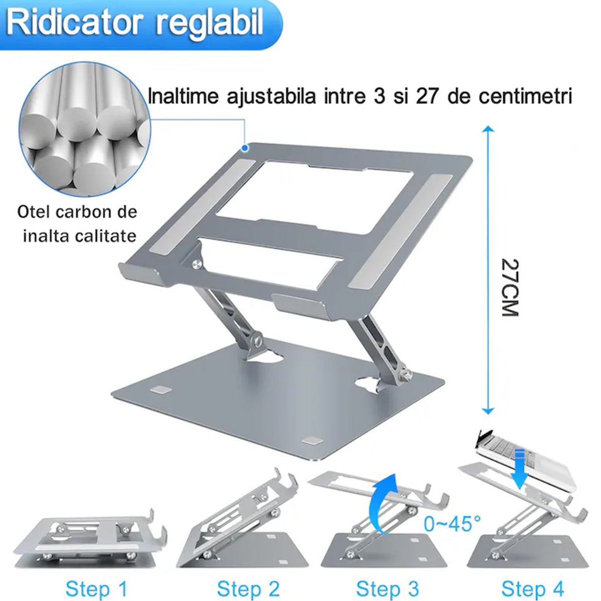 Stand Laptop si Tableta, Suport Ergonomic Ajustabil pe Inaltime, Pliabil si Portabil, Metal, 11-17.3 Inci, 27.7 x 27.7 x 5 cm, Gri