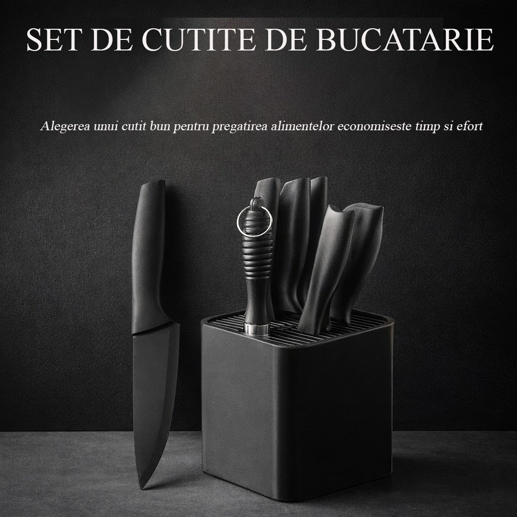 Set Cutite Bucatarie 9 Piese, Lame Otel Inoxidabil Antiaderente, Include Suport, Tija de Ascutire si Foarfeca, 31 x 10 x 10 cm, Negru