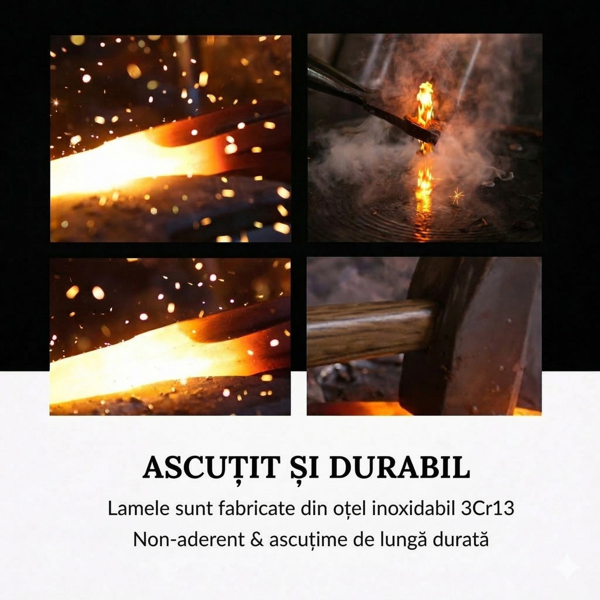 Set Cutite Bucatarie 9 Piese, Lame Otel Inoxidabil Antiaderente, Include Suport, Tija de Ascutire si Foarfeca, 31 x 10 x 10 cm, Negru
