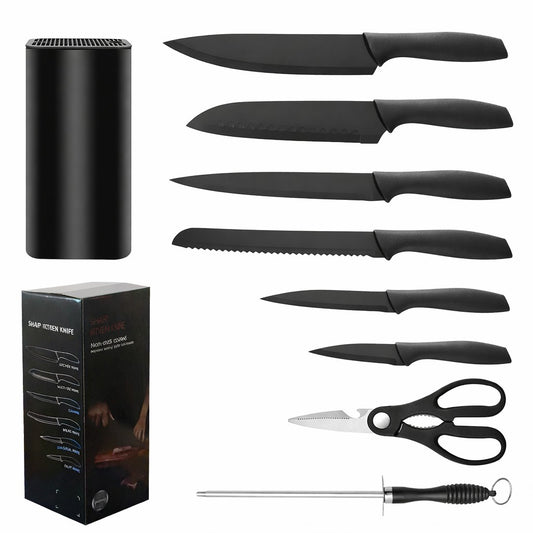 Set Cutite Bucatarie 9 Piese, Lame Otel Inoxidabil Antiaderente, Include Suport, Tija de Ascutire si Foarfeca, 31 x 10 x 10 cm, Negru
