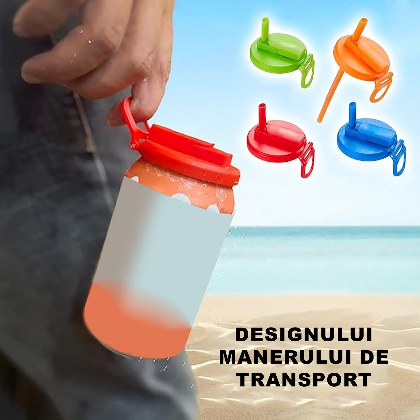 Capac Anti Varsare pentru Doze Bauturi, Sistem cu Pai Rabatabil si Maner, Plastic Reutilizabil, Diametru 5.4 cm, Gri
