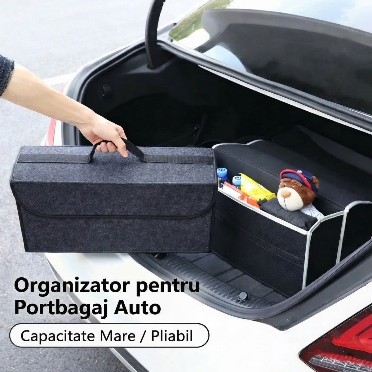 Organizator Portbagaj Auto Pliabil, Cutie Depozitare Multifunctionala, Material Oxford si Non Woven, 50 x 17 x 24 cm, Negru