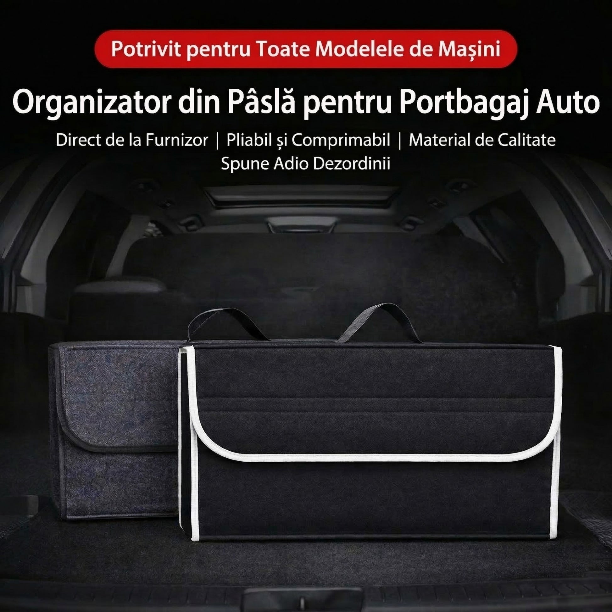 Organizator Portbagaj Auto Pliabil, Cutie Depozitare Multifunctionala, Material Oxford si Non Woven, 50 x 17 x 24 cm, Negru