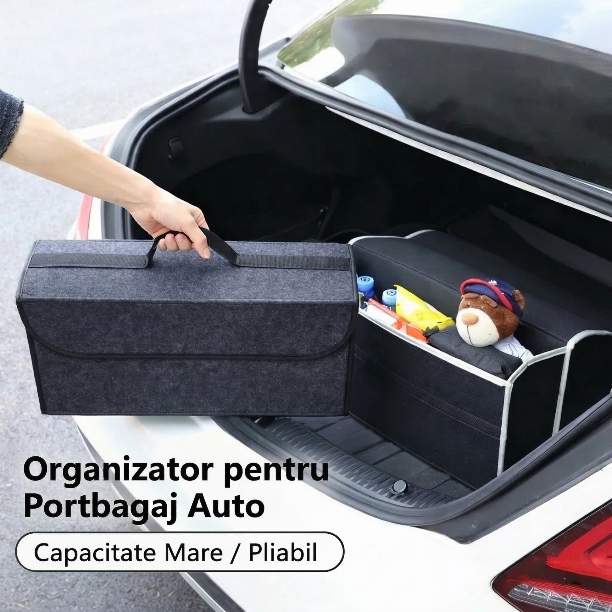 Organizator Portbagaj Auto Pliabil, Cutie Depozitare Multifunctionala, Material Oxford si Non Woven, 50 x 17 x 24 cm, Negru