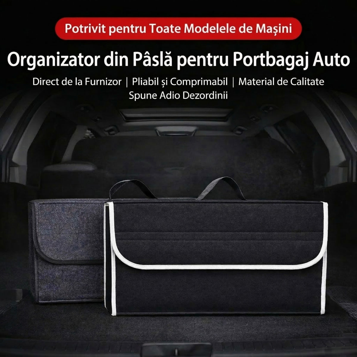 Organizator Portbagaj Auto Pliabil, Cutie Depozitare Multifunctionala, Material Oxford si Textil Non-Woven, 50 x 17 x 24 cm, Negru/Gri