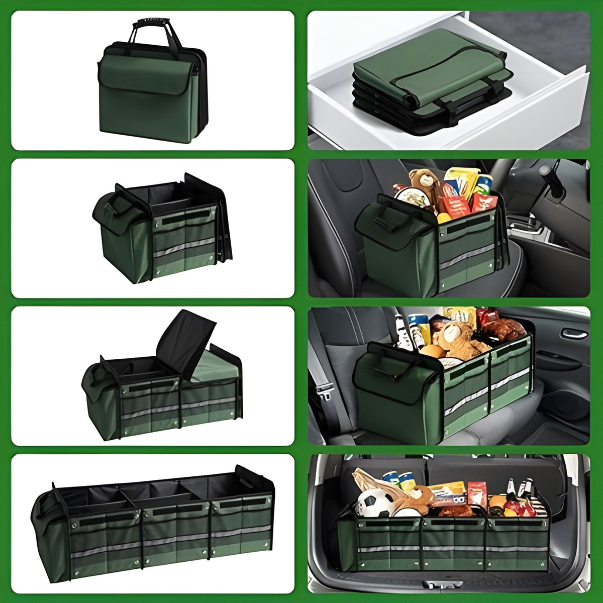 Organizator Auto pentru Portbagaj Pliabil, Geanta Termoizolanta Detasabila si 3 Compartimente, Panza Rezistenta, 90 x 35 x 30 cm, 94 L, Verde
