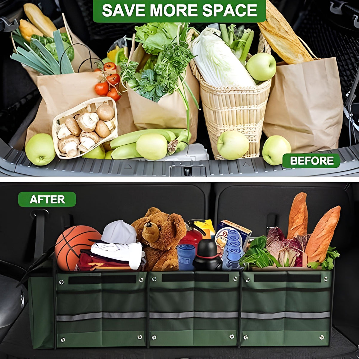 Organizator Auto pentru Portbagaj Pliabil, Geanta Termoizolanta Detasabila si 3 Compartimente, Panza Rezistenta, 90 x 35 x 30 cm, 94 L, Verde