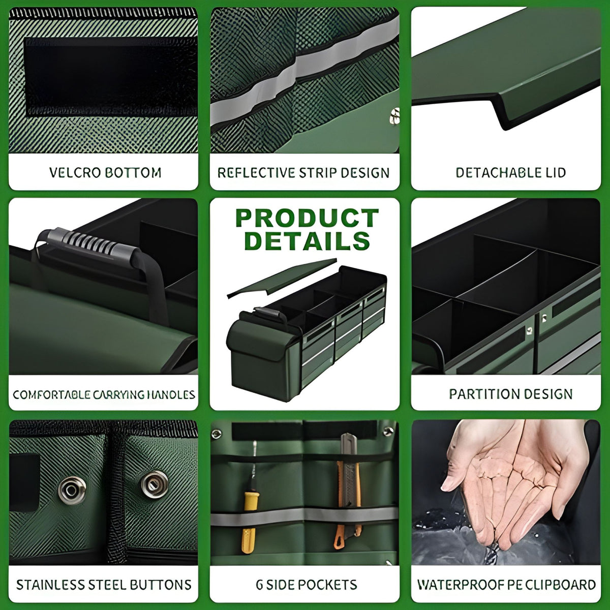 Organizator Auto pentru Portbagaj Pliabil, Geanta Termoizolanta Detasabila si 3 Compartimente, Panza Rezistenta, 90 x 35 x 30 cm, 94 L, Verde