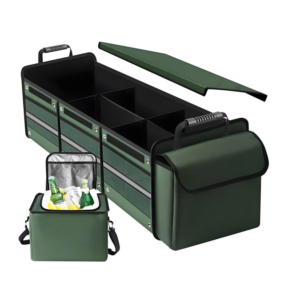 Organizator Auto pentru Portbagaj Pliabil, Geanta Termoizolanta Detasabila si 3 Compartimente, Panza Rezistenta, 90 x 35 x 30 cm, 94 L, Verde