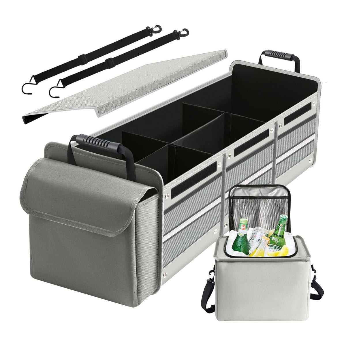 Organizator Auto pentru Portbagaj, Geanta Termoizolanta Detasabila, Model Pliabil cu 3 Compartimente si Curele Ajustabile, Panza Rezistenta, 90 x 35 x 30 cm, 94 L, Gri