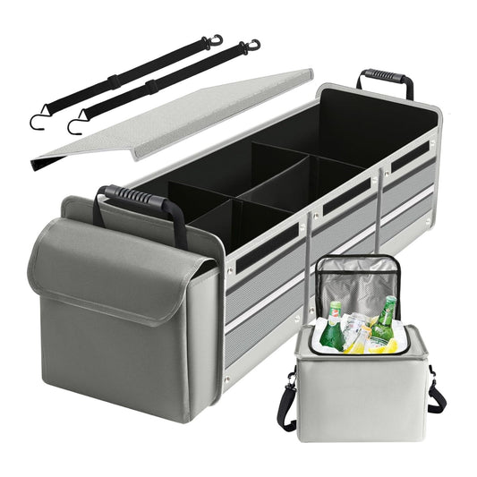 Organizator Auto pentru Portbagaj, Geanta Termoizolanta Detasabila, Model Pliabil cu 3 Compartimente si Curele Ajustabile, Panza Rezistenta, 90 x 35 x 30 cm, 94 L, Gri
