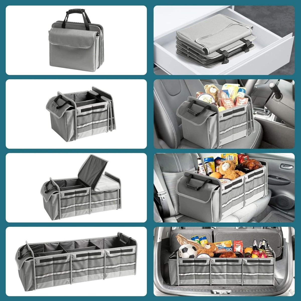 Organizator Auto pentru Portbagaj, Geanta Termoizolanta Detasabila, Model Pliabil cu 3 Compartimente si Curele Ajustabile, Panza Rezistenta, 90 x 35 x 30 cm, 94 L, Gri
